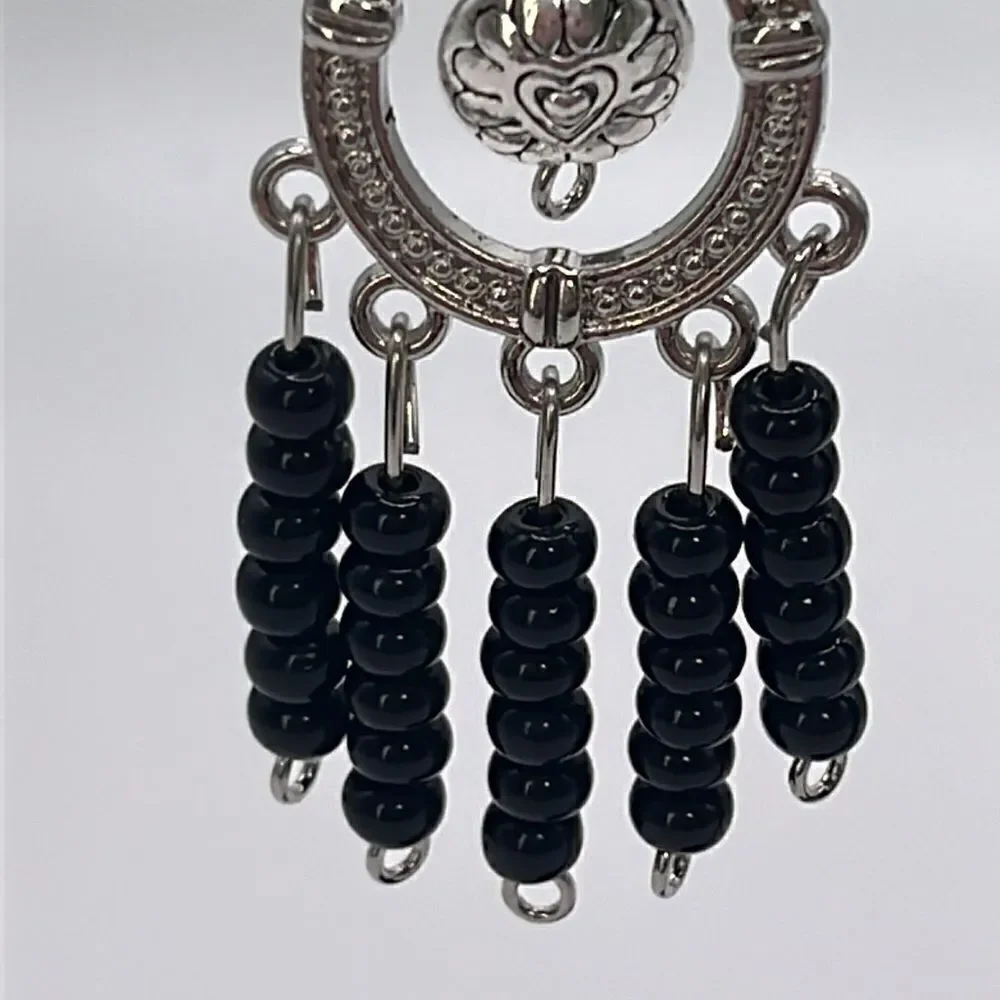 Silver-tone Homemade Dangling Chandelier Earrings with Black Beads